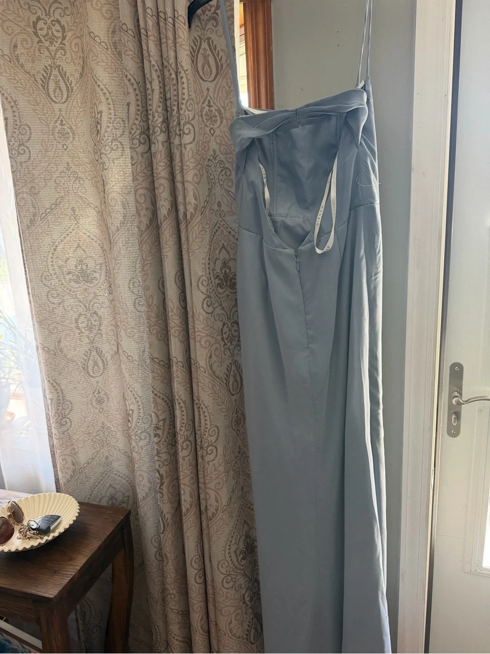 Azazie Strapless Dusty Blue Evening Gown with High Slit